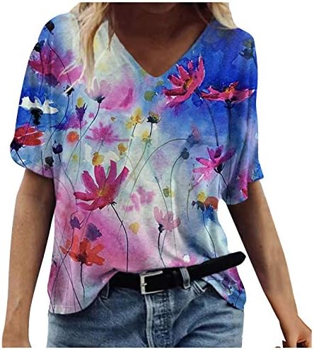 Ženski vrhovi kratki rukav V izrez na plaži Tunic Tunts 2023 Dressy casual bluza Art ulje slikarska cvjetna ljetna majica