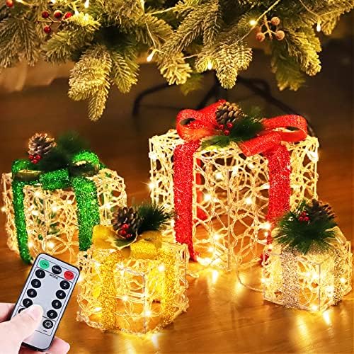 [Extra Large 12-10-8-7 ] 4 paket 70 LED osvijetljene poklon kutije Božić dekoracije Timer 8 načina daljinski baterije Clear akril