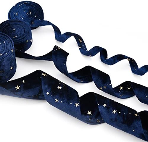 Benecreat 6,6 metara 3 veličine baršunaste trake sa zvjezdanim uzorom DRAK Blue dvostruko suočene baršunaste vrpce za šivanje poklon-poklon