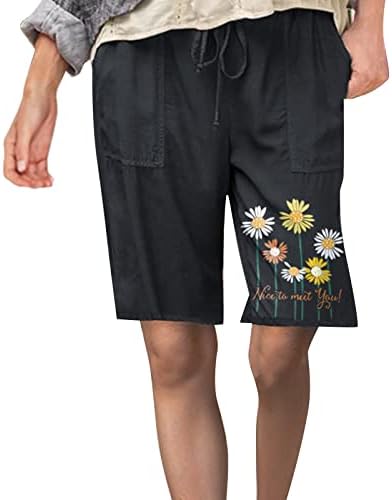 Grge Beuu Ljetni ženski pamučni posteljina kratke hlače casual elastična struka Dužina kolena Cvjetni print Bermuda kratke hlače sa