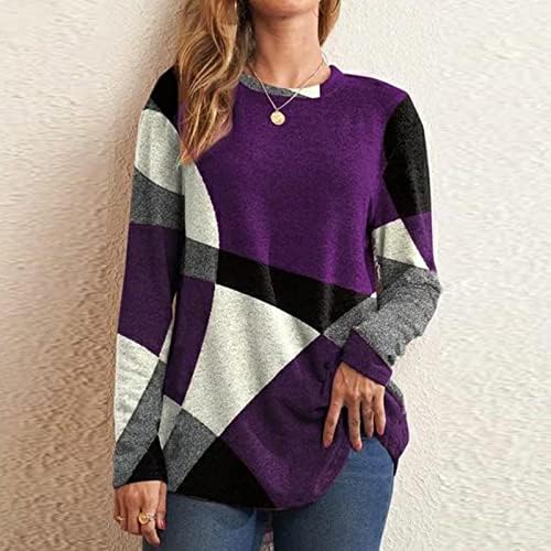 Ležerni blokovi u boji za žene padaju s geometrijskim printom košulje labave Fit Crew Neck T Shirt meka udobna pulover bluza