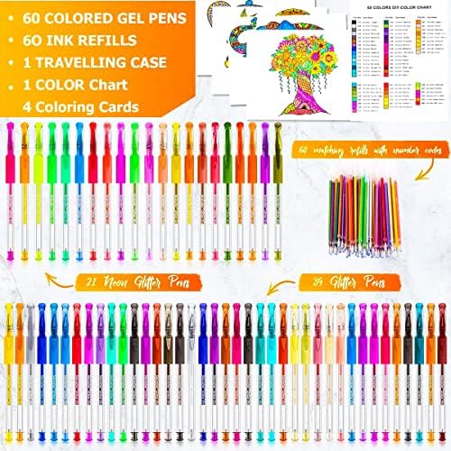 Soucolor Glitter Gel olovke za bojanke za odrasle, 120 pakovanja-60 svjetlucavih olovaka, 60 punjenja i putna torbica, 40% više mastila