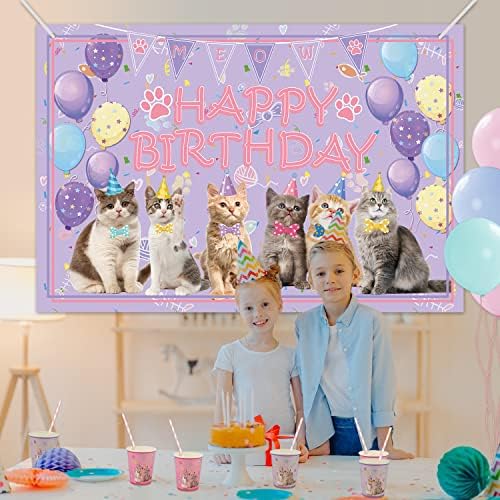 Cat Party Decoration Supplies - Cat Happy Birthday Backdrop Kitten Photography Background, For Cat Lover, Children Kids Cat Theme