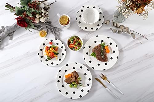 Loymokinar Crno-bijeli set za večeru, 16-komadno moderno podešavanje porculanskih jela, uključuje večeru i desertne ploče, zdjele