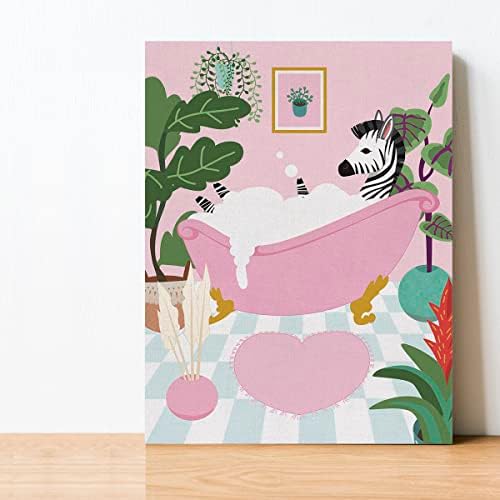 Zebra u kadi na platnu slika postera zidna umjetnost u kupaonici, Botanička slika zebre umjetnička djela uokvirena ružičastim printom