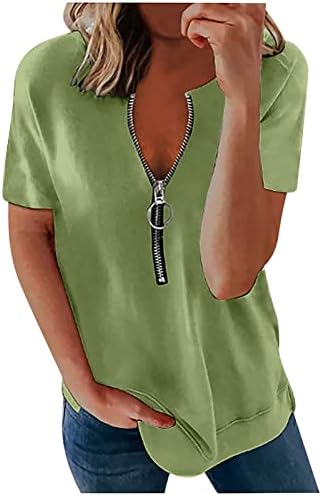 Žene ljetne vrhove kratkih rukava s majicama seksi v izrez labavi fit zip up vrhovi čvrsti cvjetovi Henley majice Dressy bluze