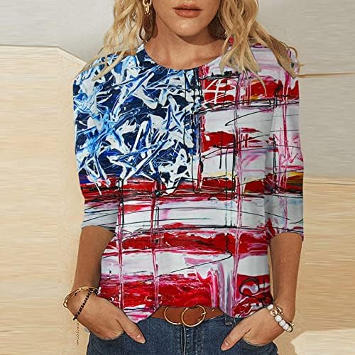 4th of July Shirts for Women American Flag Summer 3/4 Sleeve Crew Neck Shirts Three Quarters Sleeve Breathable Comfy bluze