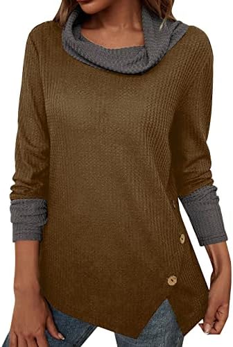 Dukseri za žene jeseni poklopci vrat vafet pletene majice lagana gumba dolje boja blok labavi fit pulover vrhovima