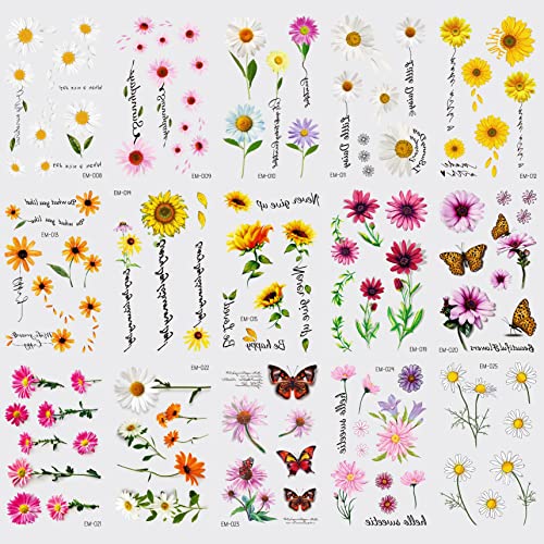 Kotbs sitne tratinčice i leptir privremene tetovaže za žene djeca, cvjetni bouket od 15 listova male tetovaže privremene naljepnice