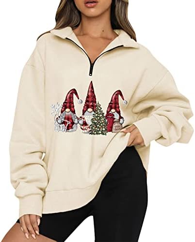 Ženska božićna dukserica Santa Claus Elk Print Revel 1/4 Zip Puloveri Xmas Classic Fit Nove Godine Eve Bluzes