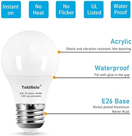 YukiHalu A15 LED Sijalice, 60W ekvivalentno, E26 baza, 3000k / 5000K Bijela, 7W 600 lumena 120V, ul lista, plafonske ventilatorske