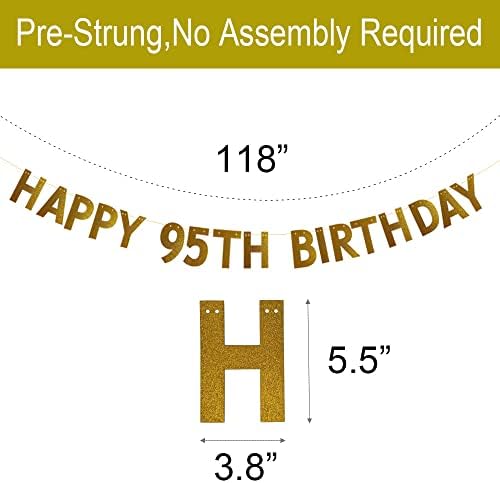 Sretan 95. rođendan baner, pre-nagnute, nije potreban sklop, 95. rođendanski doprema za rođendan, zlatni sjajni papir vijenca pozabarenja,