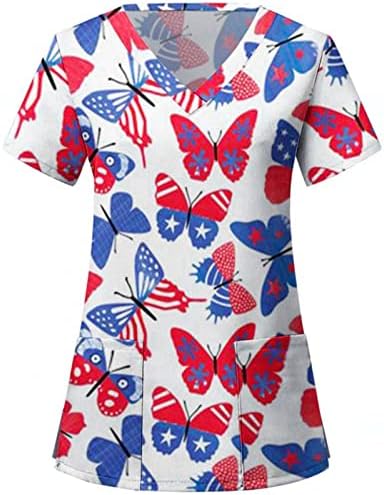 4. jula bluza za žene ljetni kratki rukav V izrez Tees sa 2 džepa američka zastava radna odjeća Holiday Casual bluza Top