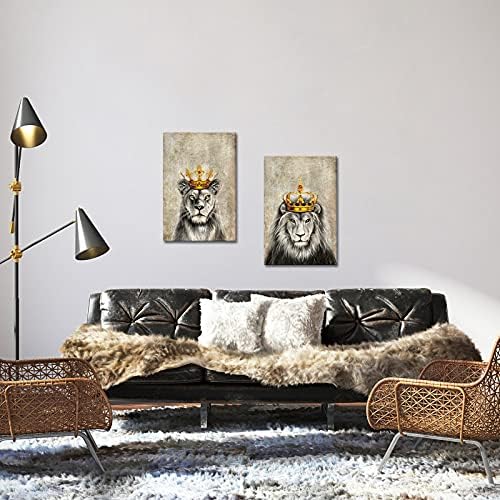 DuoBaorom 2 komada King Animal Canvas Wall Art Lion i Lioness Gold Crown romantično par umjetničko djelo za spavaću sobu moderni Kućni