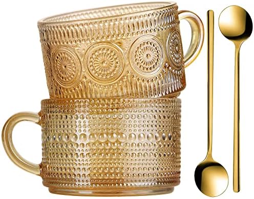 WHJY vintage staklene šalice sa kašikom, set od 2 espresso rebrasti stakleni čaša, reljefne čajne čajne šalice, estetske čajne šalice