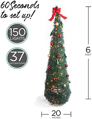 Pop up božićno drvce sa svjetlima - 6ft, sklopljivo za jednostavno skladištenje, 150 toplo bijela LED, ukrasi i luk uključeni, uređena