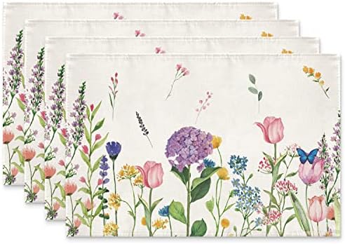 Siilues Spring Placemats, Proljetne ukrase Cvjetni placemati Tulip lavanda Sezonska opruga Burlap PlaceMats Dekor za odmor za unutarnju