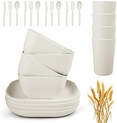 Afcevnlb 24 komada pšenične stravu Kvatrove za večeru za 4, neraskidive ploče za večeru i podešavanje zdjelica za roštilj za zabavu
