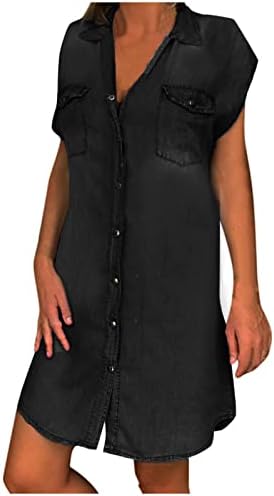 Ženska Denim košulja haljine Ljeto dugme dole kratki rukav Mini haljine V vrat tunika Henley T-Shirt Jean haljina sa džepovima