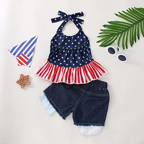 Toddler Baby Girl American Outfits Ruffle Halter Tunic Top Star Striped Striped Shars Set