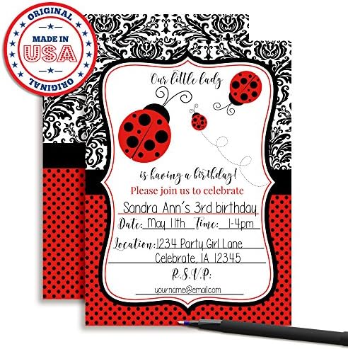 Red Polka Dot Ladybug Rođendanske pozive za djevojčice, 20 5 x7 ispunjavaju kartice sa dvadeset bijelih koverti od strane amandakacije