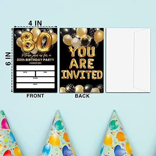 Karte za rođendan 80. rođendana, crne i zlatne mirnosmerne pozivnice, dvostrano zlatno folija balon za popunjavanje za muškarce /