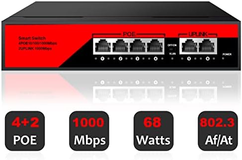 IENRON 6 portovi POE prekidač, 4 porta Gigabit POE prekidač sa 2 uzglasne gigabit portove, utikačem i reprodukcijom sa AI Detection