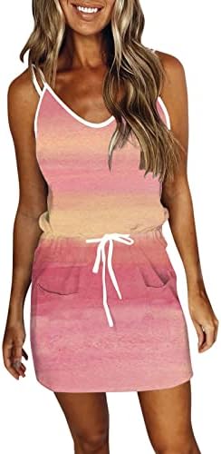 Wybaxz Plus Veličina haljina za žene Žene Ljetne džepne haljine Mini haljina špageta remen bez rukava V izrez ružičasta