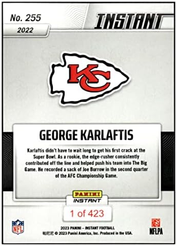 George Karlaftis RC 2022 Panini Instant AFC prvaci / 423 Rookie 255 šefova MT-MT + NFL fudbal