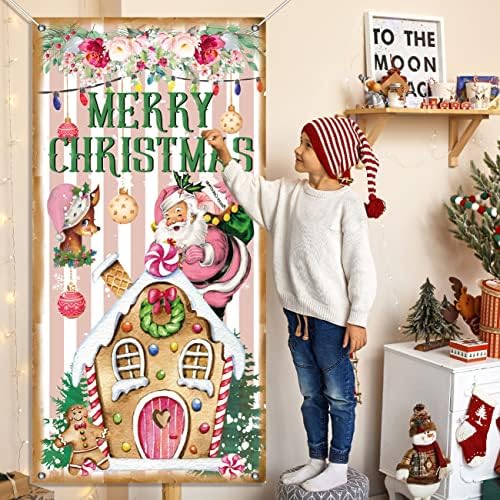 Vintage Božićni ukrasi velikim ružičastim božićnim vratima poklopac poklopca Santa Claus Elk Gingerbread Viseći baner za unutarnje
