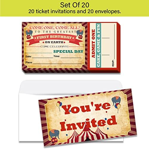 Gudiao 20 pack Vintage Cirkus Invitacije ulaznica s koverte Cirkusom ulaznice ispunjavaju pozivnicu za dječji rođendan