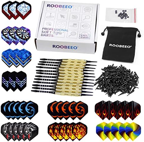 Roobeeo Soft Tip Darts 12 kom 18G plastični vrtovi set sa mesinganim čeličnim bačvama i aluminijumskim osovinama, 200 ekstra pikačnih