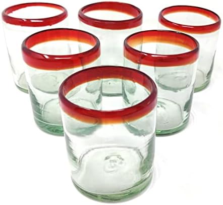Dos Sueños ručno puhane meksičke naočare za piće-Set od 6 čaša sa crvenim felgama