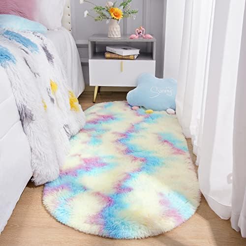 Chicrug meka slatka Rainbow ovalna prostirka za sobu za djevojčice, 2x5 stopa pahuljasta prostirka za dječiju spavaću sobu, Shag Fuzzy