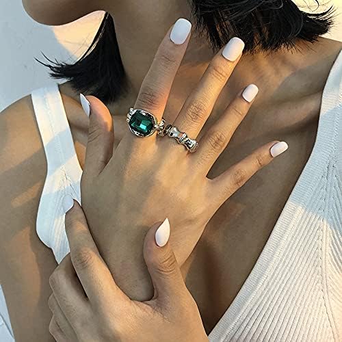 Wiwpar Vintage 2pcs Chunky Prstenovi set za žene ovalni zeleni prsten zvona srebra