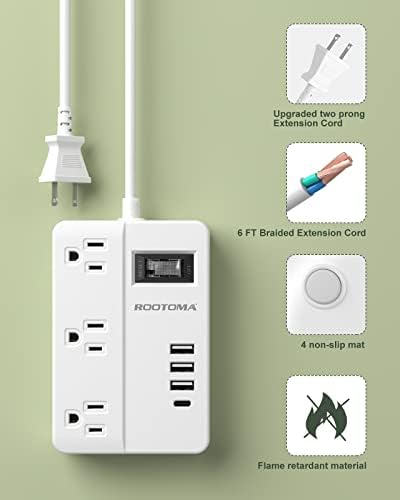 Produžni kabl sa 2 kraka sa USB-C, ROOTOMA 2 kraka na 3 kraka Adapter za utičnicu, 3 utičnica & 4 USB stanica za punjenje, 3 kraka