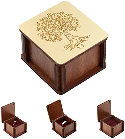 LUCCE Drvena kutija za prsten za prijedlog tanka - mala kutija za zaručnički prsten Drvo - Zlatni efekat ogledala Drvo života uzorak
