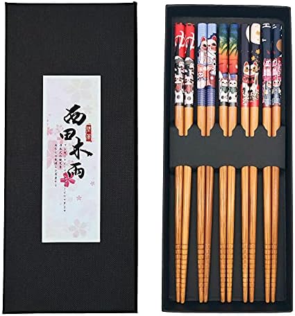 Caalio 5 parovi bambusovi štapići za višekratnu upotrebu japanskog stila štapići poklon set, perilica suđa sef 22,5 cm / 8,8 inča,
