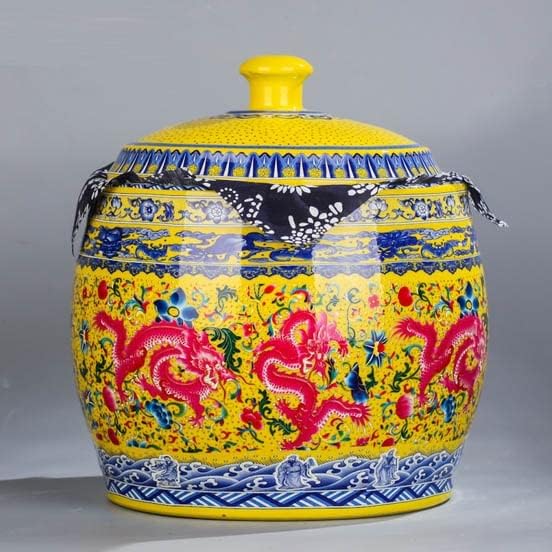 LDCHNH Keramika Enamel Veliki čaj za čaj JAR JAR žuti prah Enamel vaze sa cvijećem priključak Kineski zanati đumbirski jars