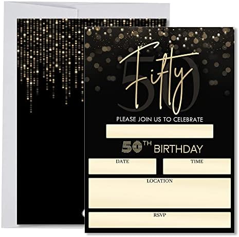 50. rođendanski pozivnice za žene i muškarce, crnu i zlatnu pedeseto dekoraciju i zalihe rođendana, 20 poziva za popunjavanje + koverte