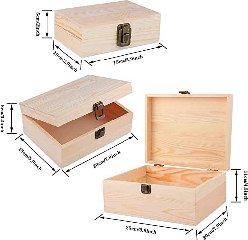 3 pakovanja nedovršenih drvenih kutija, pravougaona kutija od borovog drveta, sanduk za blago sa poklopcem i kopčom za DIY zanate,