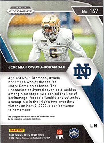 2021 PANINI PRIZM LICKS 147 JEREMIAH OWUSU-Koramoah Notre Dame Fighting Irish NFL Fudbalska karta NM-MT