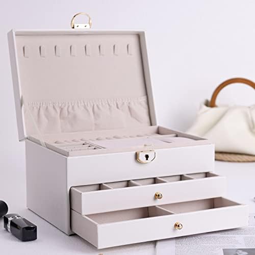 Kutije za nakit za žene Premium kožna Organizator za veliki nakit sa zaključavanjem i tipkama 3 Skladišni prostori, 2 ladice - Ogrlice,
