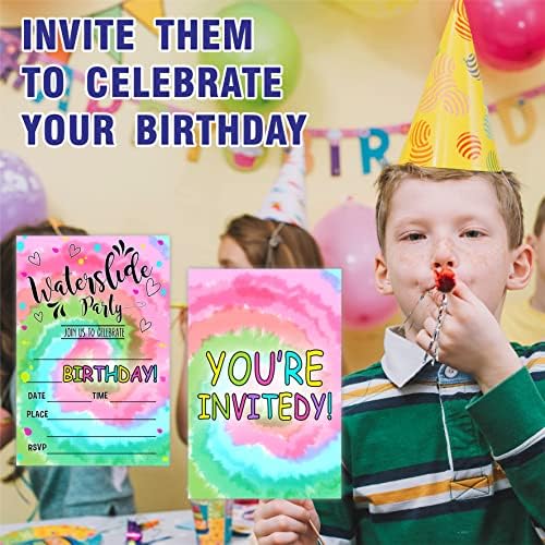 Rođendanske pozivnice - Vodeni partija - Tie Dye Rođendanska zabava Pozovite kartice (20 brojeva) sa kovertama, ispunite stil Pozovite