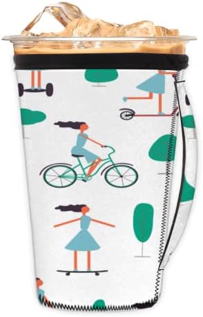 Djevojka koja se vozi biciklom za punjenje zakupa za zakupljanje s ručicama neoprenske čaše za sode, latte, čaj, pića, pivo