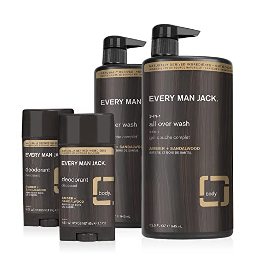 Every Man Jack Men's All Over Wash + dezodorans Set-očistite sve tipove kože i borite se protiv mirisa prirodnim sastojcima i jantarom + mirisom sandalovine-All Over Wash Twin Pack + Deo Twin Pack
