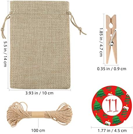 Toyvian 24kom Božić Santa vreća Božić Burlap vezice torbe sa 100cm konoplje konoplje 24 Wood Clips list brojevi naljepnica torbe za