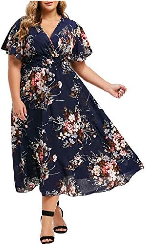 Plus size haljina za žene ljetni Casual V izrez cvjetni štampani Boho kratki rukav elastičnost visokog struka a Line Swing Maxi haljina