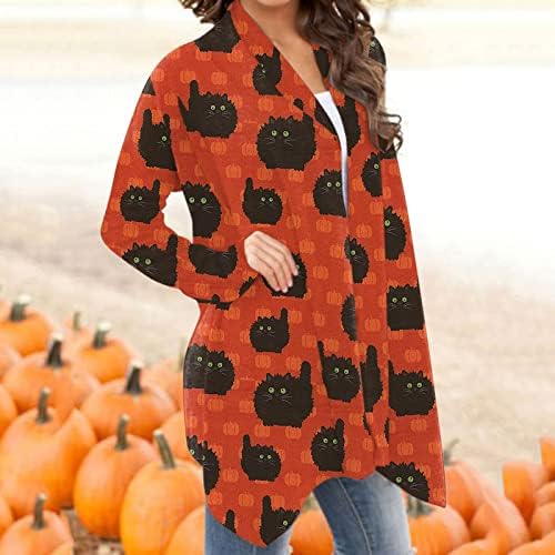 Cardigan za žene Halloween Cat Print Tunic Top Otvoreno Prednji dugi rukav džemper Jesen Ležerni lagani kaput