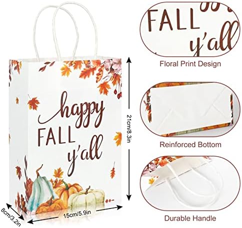 Anydesign 16pcs Happy Fall Y'all poklon torbe Jesen od javora Ostavlja papirnu vrećicu u uzorak bundeve s ručkom za Dan zahvalnosti